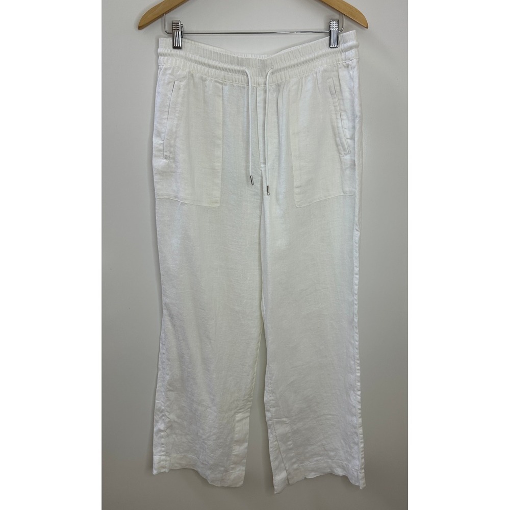 Athleta Retreat 100% Linen Wide Leg Pants White Resort Beach Zip Pockets Size 8 - Picture 2 of 14